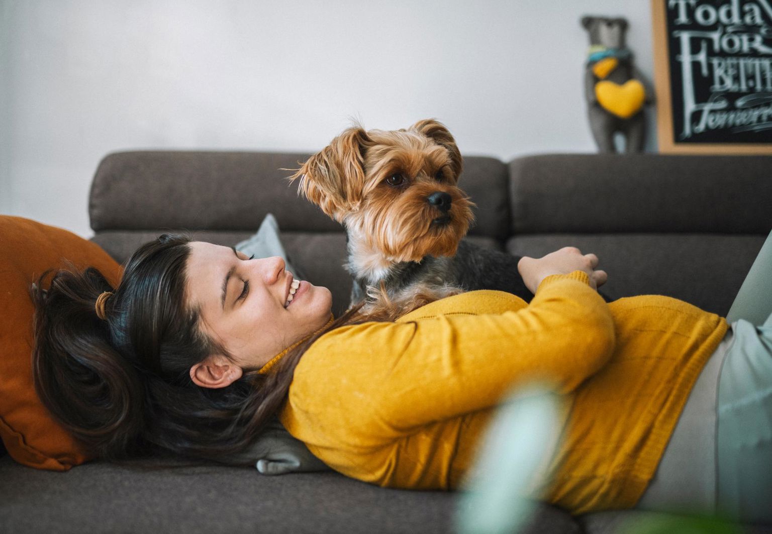 kvinna i soffan med en liten terrier