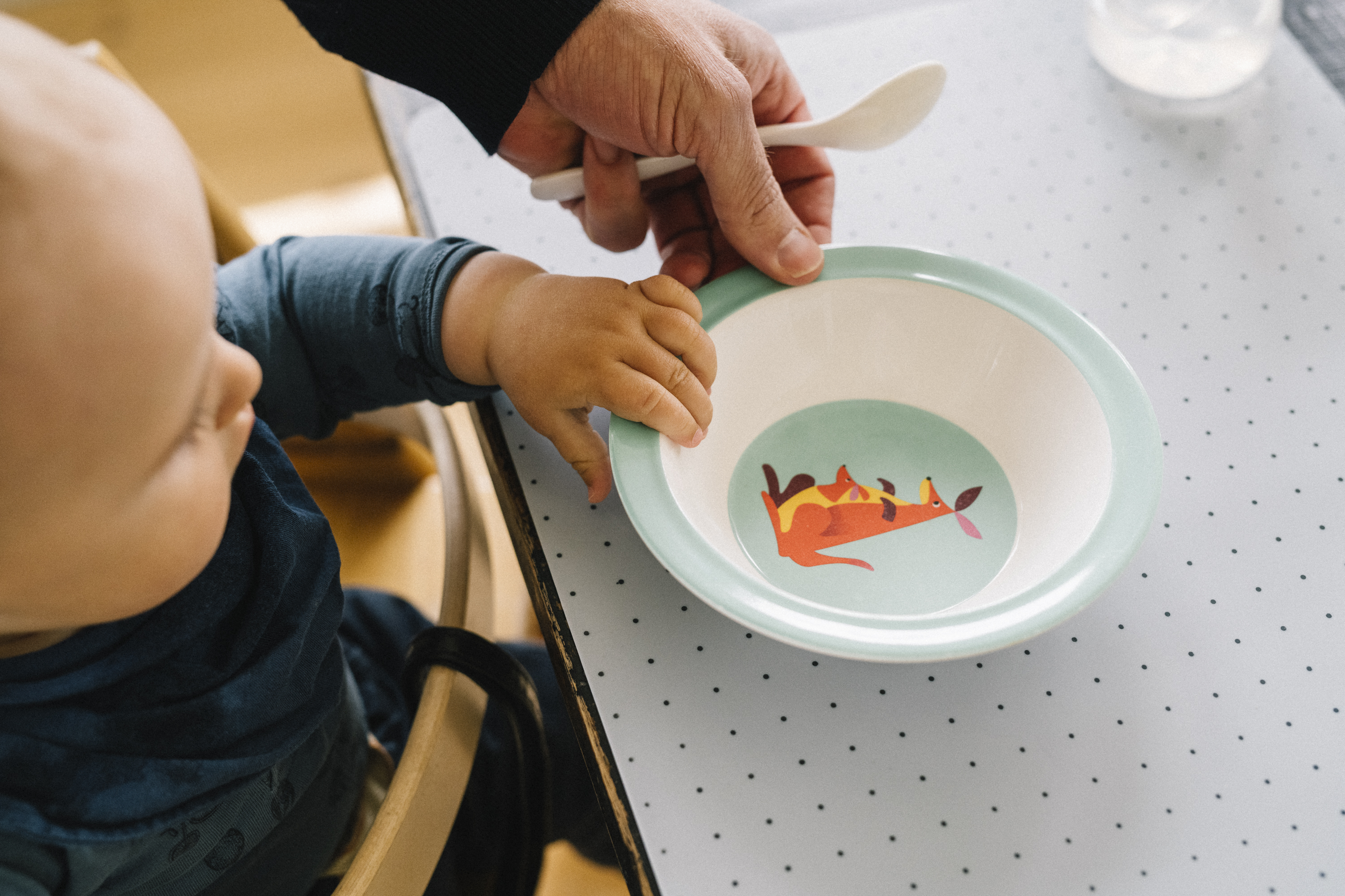 Barn under ett år sitter i en barnstol och blir serverad en tallrik av förälder