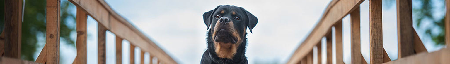 Vakthund rottweiler sitter på en bro