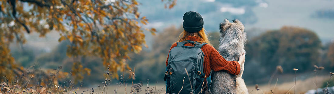ung kvinna sitter tillsammans med sin hund i naturen