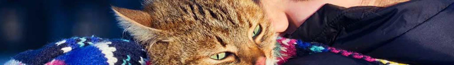 Ett barn med halsduk och mössa är glad och kramar om sin katt