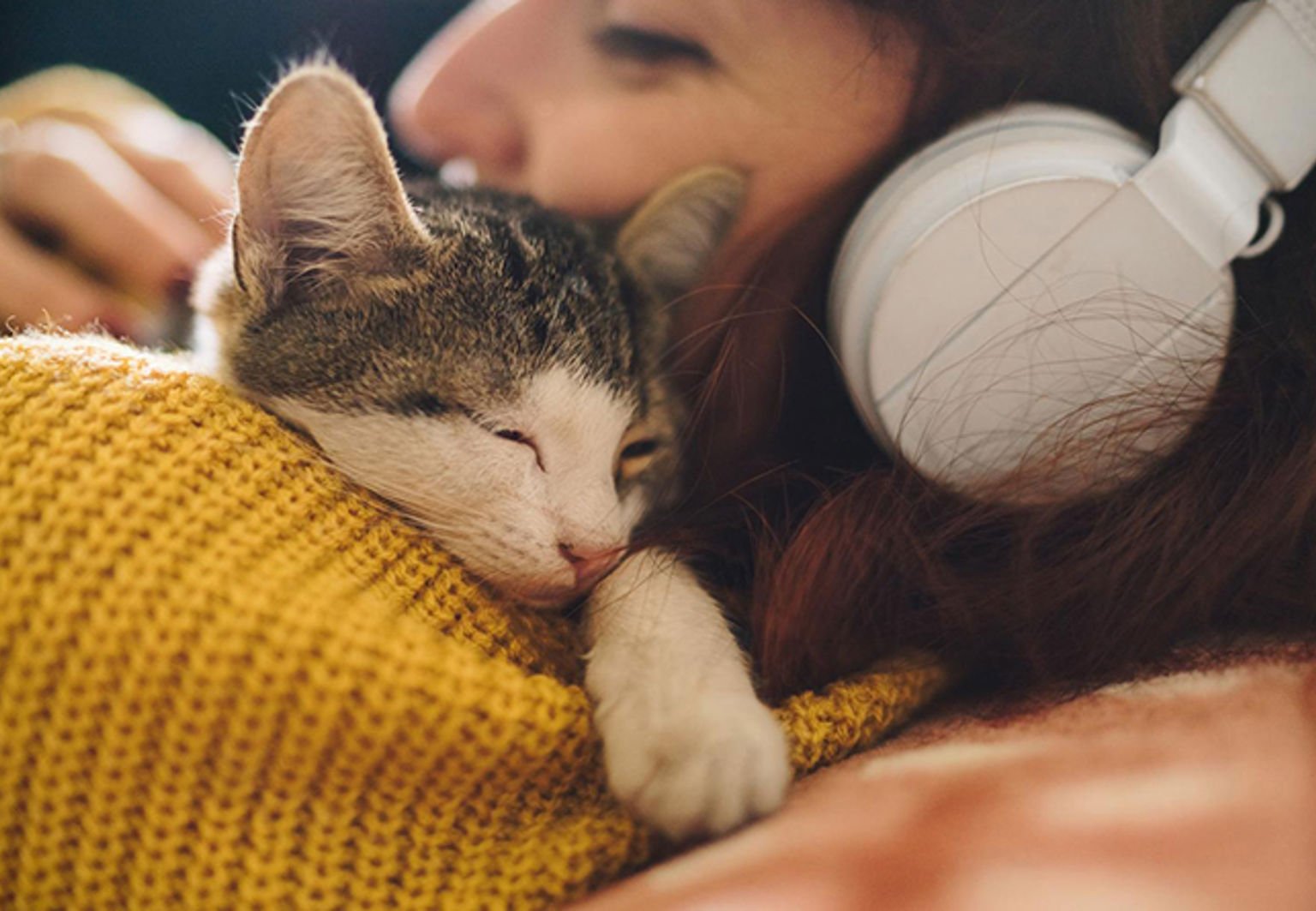 kvinna i gul tröja kelar med sin katt