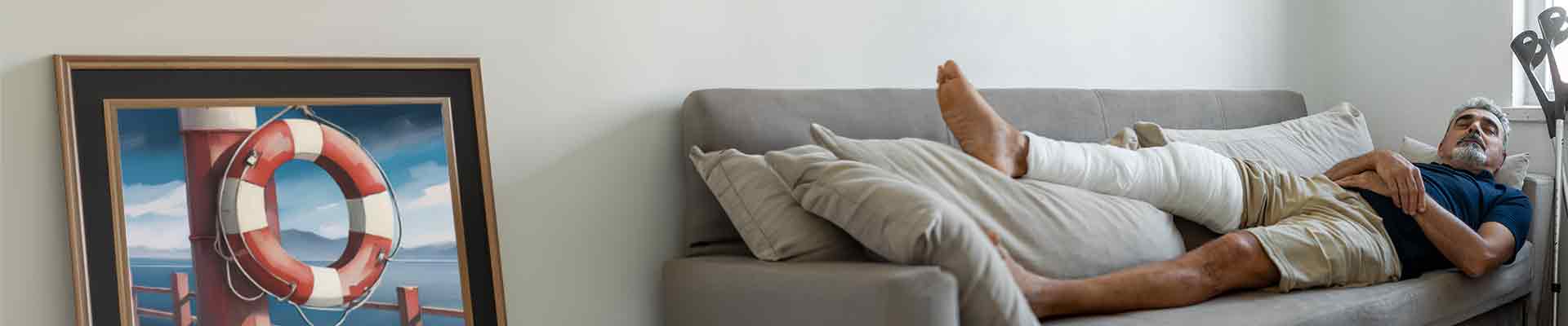 man med gipsat ben vilar på en soffa